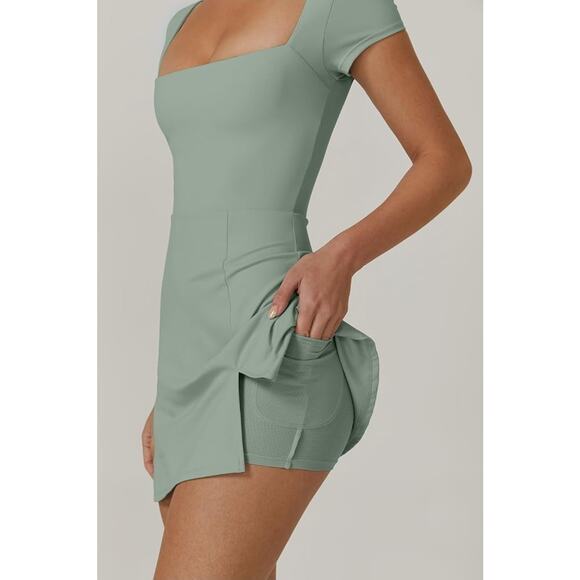 Tennis Dress for Women Square Neck, Skort w/ Pocket, Small, Smoke Green - Picture 4 of 8